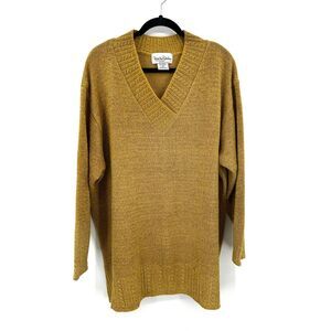 DIANE VON FURSTENBERG Vintage Womens Yellow Gold Metallic V-Neck Sweater Size 2X